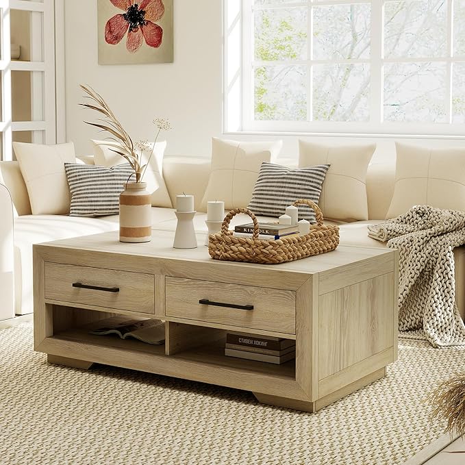 Hazel Coffee Table with 4 Storage Drawers and Open Shelf, Metal Handles, Rectangular Modern Luxury Table for Living Room