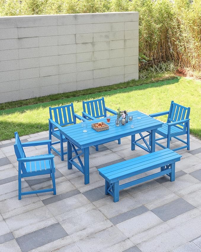HDPE Outdoor Bench, 55" Patio Bench Outdoor Furniture, Poly Lumber Adirondack Benches, All Weather HDPE Patio Garden Backless Benches for Park, Poolside, Deck, Porch, Sky Blue