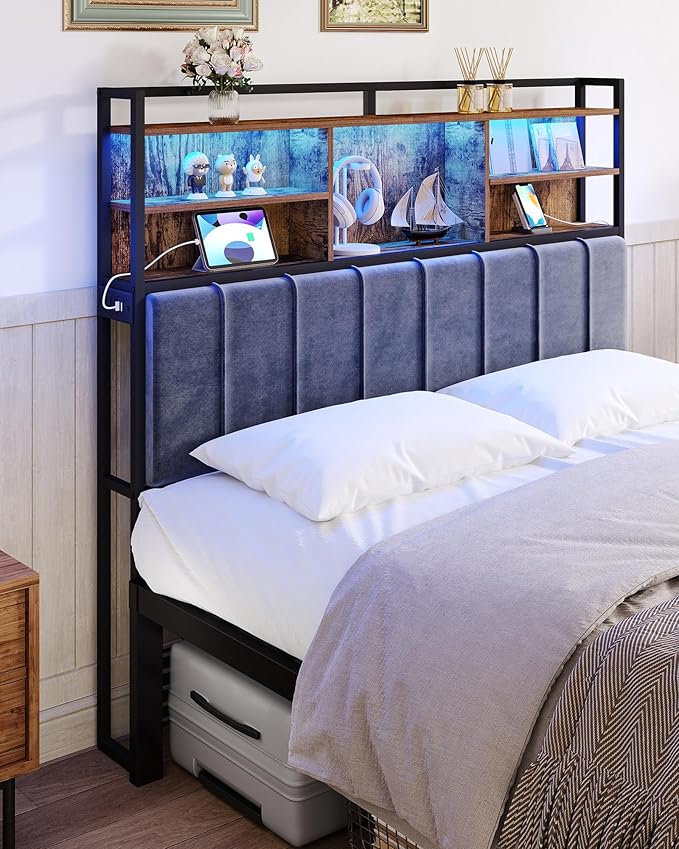 Headboard with 3-Tier Storage Shelves, Velvet Upholstered Head Board with 2 Outlets, USB Ports & LED Light, Soft Backrest for Queen Size Bed, Rustic Brown and Black BH15201BV1