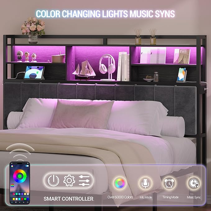 Headboard with 3-Tier Storage Shelves, Velvet Upholstered Head Board with 2 Outlets, USB Ports & LED Light, Soft Backrest for King Size Bed, Black BH19404B