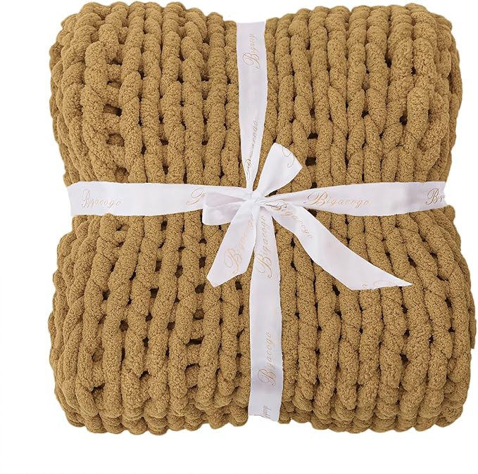 Bigacogo Chunky Knit Throw Blanket for Couch, 40x80 inches, 100% Hand Knitted with Thick Jumbo Chenille Yarn, Cozy Soft Large Rope Knot Cable Crochet Blankets for Sofa Bed Living Room, Goldenrod