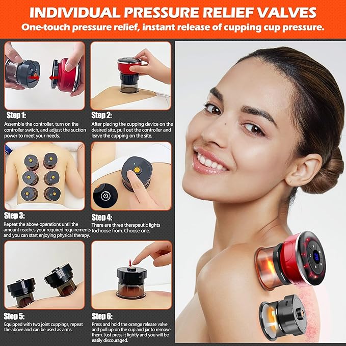 4-in-1 Electric Cupping Therapy Set with 8 Cellulite Massage Cups with 12 Modes Suction,Smart Dynamic Cupping Therapy Set for Ease Fatigue, Muscle Soreness and Skin Tightening(Red)