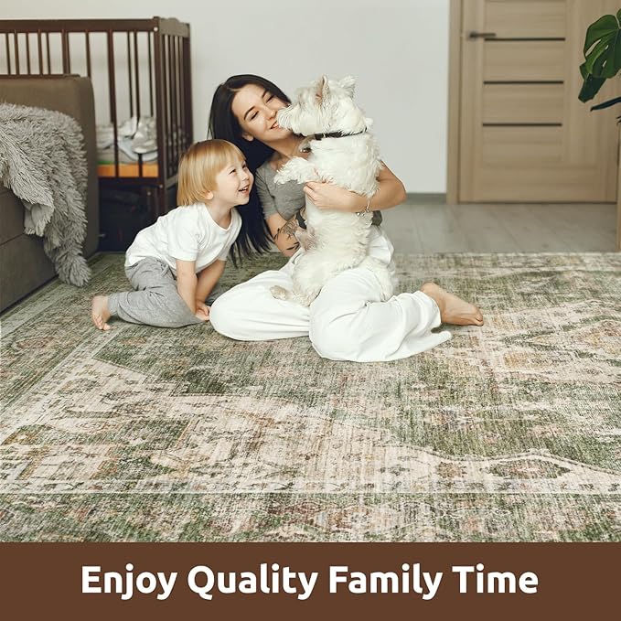 AMOAMI-Area Rug 6X9 Rugs for Living Room-Vintage Soft Green Rugs for Bedroom-Non Slip Carpet-Machine Washable Rug for Dining Room Living Room Bedroom Office Under Table