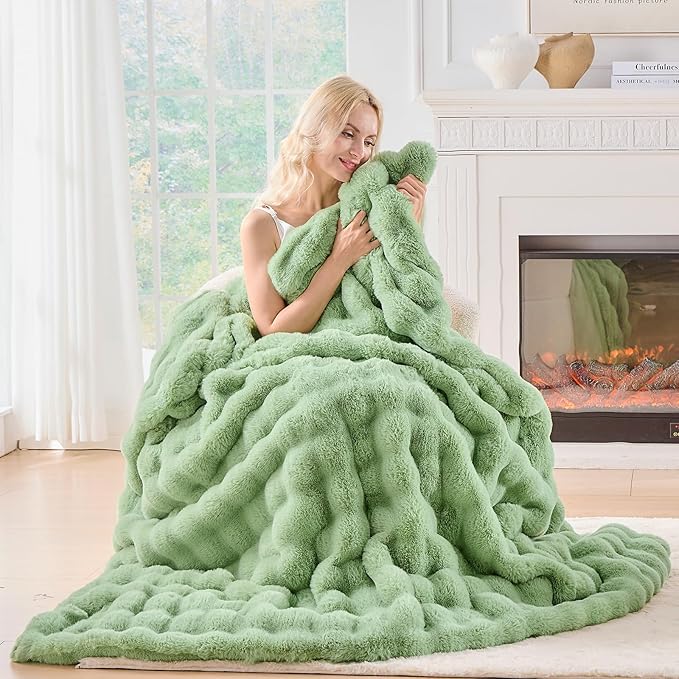BENVWE Fluffy Faux Fur Throw Blanket for Couch, Soft Plush Thick Cozy Fuzzy Luxury Minky Bubble Blanket for Home Living Room Decor Gift for Women, Sage Green, 63" x 80", 1100GSM