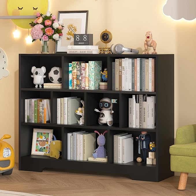 Book Shelf, 10 Cubes Storage Organizer, 3-Tier Open Shelf Wooden Bookcase, Freestanding Balck Bookshelf Cube Shelf for Bedroom, Living Room, Home Office