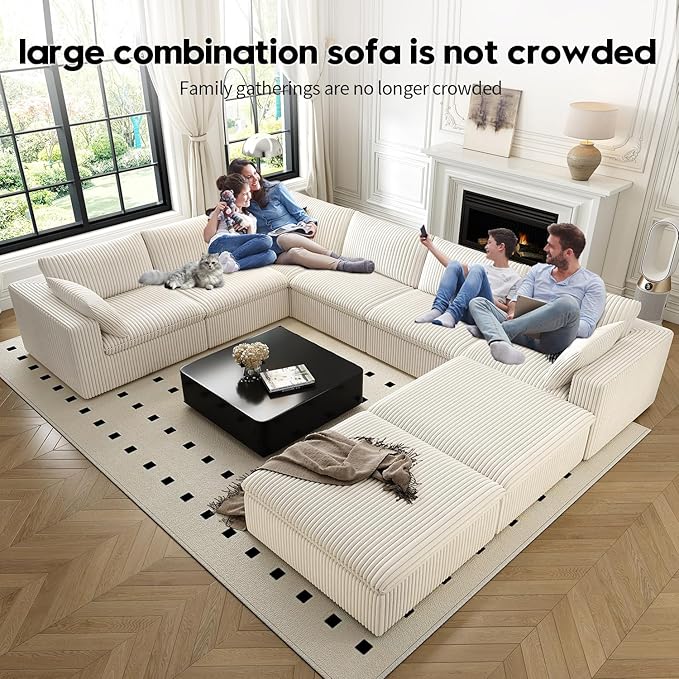 157.5" Cloud Couch Oversized Modular Sectional Sofa for Living Room,Modern Sofa with Deep Seat,8 Seater Boneless Couch with 2 Ottoman,Comfy Upholstered Couches for Apartment, Studio, Office,White