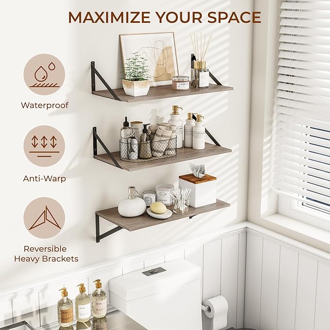 Heimlove 24" W x 12" D Wall Shelves for Books, 12 Inch Deep Floating Shelves Set of 3, Wide Floating Bookshelf with Metal Bracket for Living Room, Kitchen, Office, Bedroom and Decor Storage - Grey