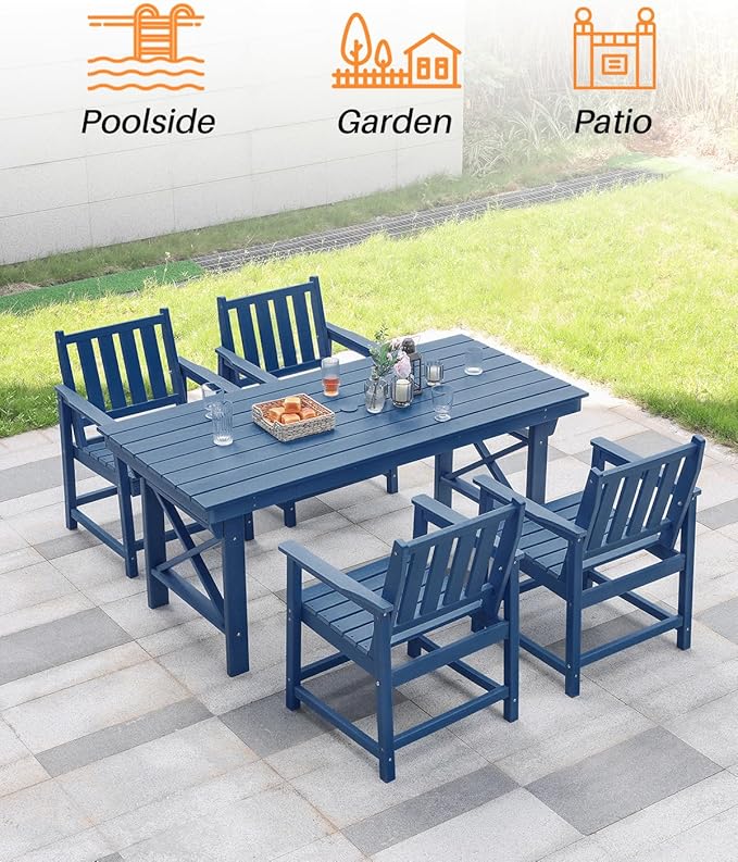 HDPE Outdoor Dining Set of 6, Patio Dining Table Set with 4 Chairs and 1 Bench, 6 Pieces HDPE Dining Set with Umbrella Hole, Outdoor Furniture Sets for Deck, Poolside, Garden, Navy