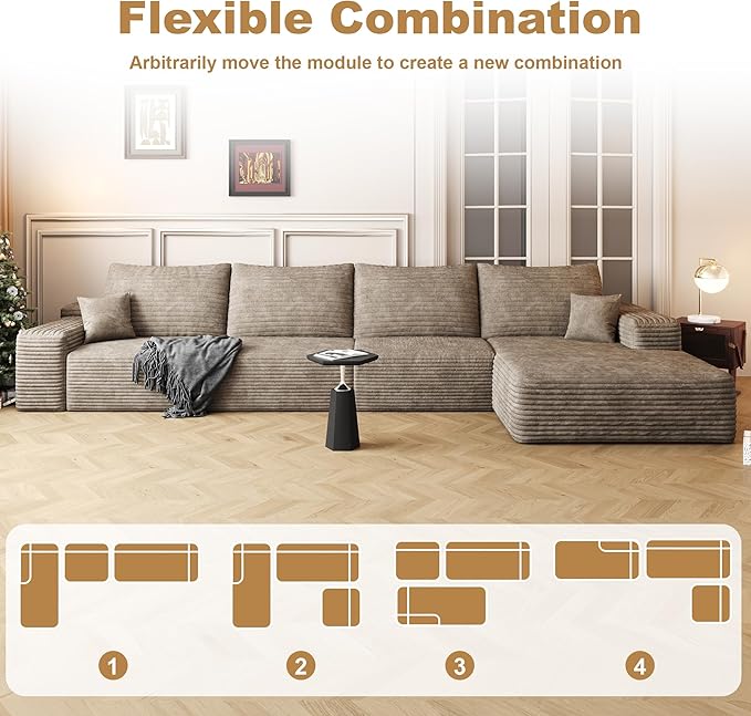 136" Sectional Couches for Living Room Modern Modular Sofa with L-Shape Couchs Upholstered Boneless Couch Deep Seat Sectional Couch with Chaise (Camel, Right Facing Chaise+3Seaters)