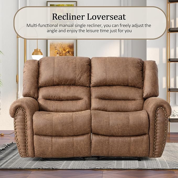 CANMOV Manual Reclining Sofa Set,Faux Leather Manual Recliner Loveseat and Recliner Chair with Overstuffed Armrest for Living Room,Bedroom Furniture,Office,Nut Brown