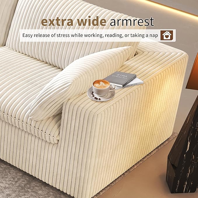 157.5" 4-Seater Cloud Sofa,Modular Sectional Couch,Modern Deep Seat Upholstered Couches with Plush Corduroy Fabric for Living Room Furniture,Bedroom and Apartment,No Assembly Required,White