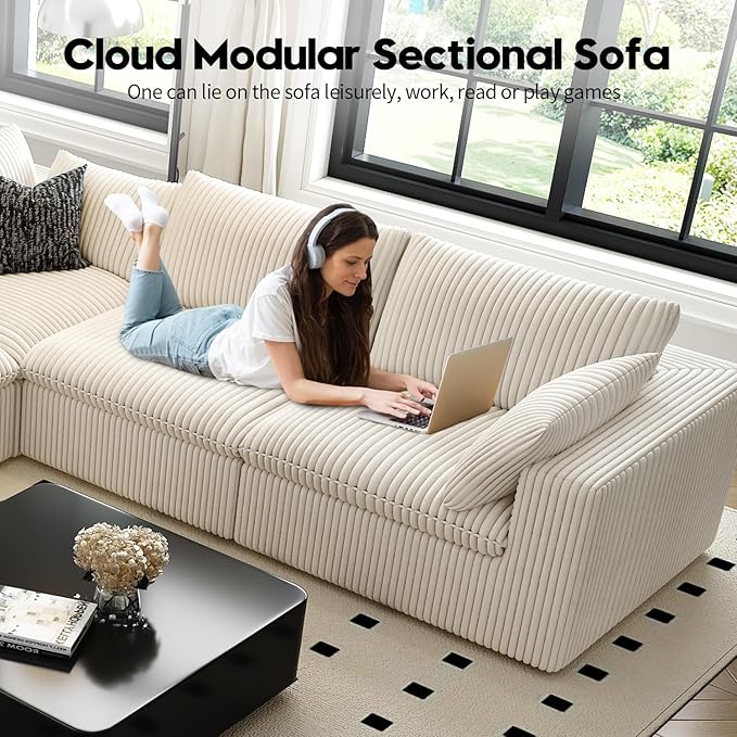 157.5" Cloud Couch Oversized Modular Sectional Sofa for Living Room,Modern Sofa with Deep Seat,U-Shape Boneless Couch with 2 Ottoman,Comfy Upholstered Couches for Apartment, Studio, Office,White