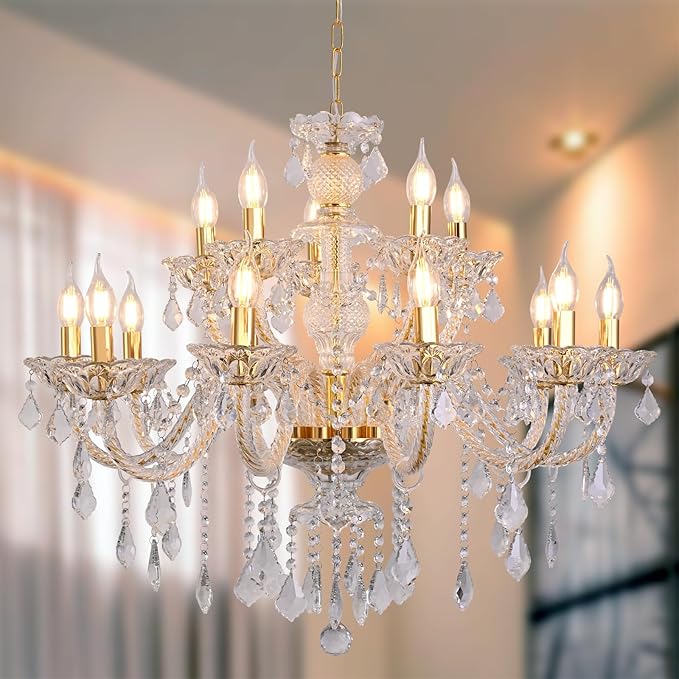 15 Light Crystal Chandelier Double Layer Flush Mount Ceiling Light Fixture with K9 Crystals for Living Room Dining Room Bedroom Luxury Hanging Lamp Lighting Fixtures