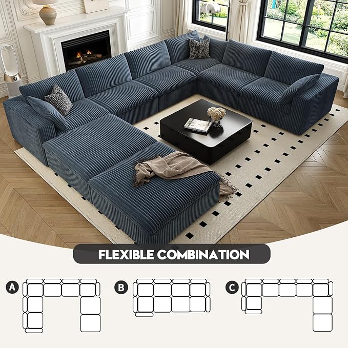 157.5" Cloud Couch Oversized Modular Sectional Sofa for Living Room,Modern Sofa with Deep Seat,8 Seater Boneless Couch with 2 Ottoman,Comfy Upholstered Couches for Apartment, Studio, Office,Blue