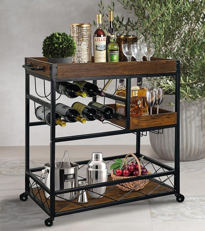 Bar Cart Industrial Kitchen Serving Carts for Home 3 Tier Storage Trolley with Wine Rack Glasses Holder Two Portable Trays Universal Casters with Brakes Rustic Rolling Cart Alcoholic Beverage