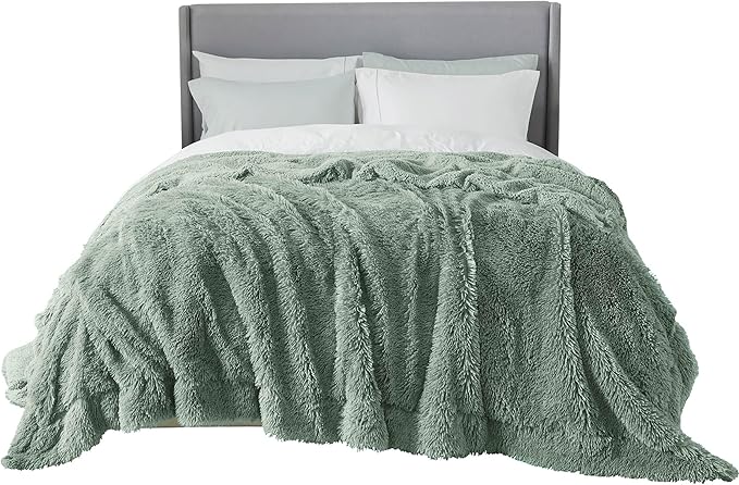 Bedsure GentleSoft Fluffy Sage Green Blankets Queen Size for Bed, Thick Sherpa Faux Fur Fleece Fuzzy Plush Winter Warm Soft Queen Blankets, Bedroom Decor Sage Green Cozy Gifts for Women Men, 90x90