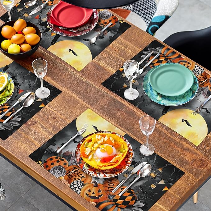 Black Cat Halloween Placemats Set of 4 Spooky Pumpkin Boo Bat Moon Horror Place Mats 12x18 Inch Seasonal Washable Linen Table Mat for Party Kitchen Dining Outdoor Indoor Decor