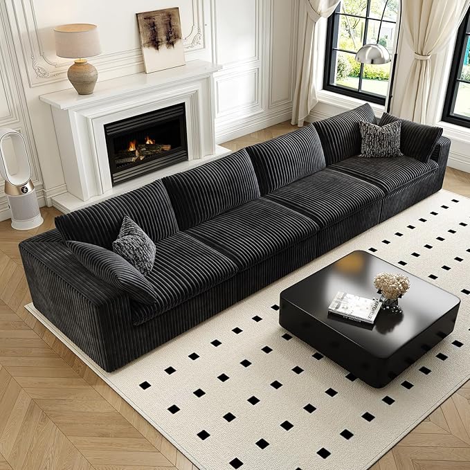 157.5" Cloud Couch Modular Sectional Sofa for Living Room,Modern Sofa with Deep Seat,4 Seater Boneless Couch,Comfy Upholstered Corduroy Couches for Apartment, Studio, Office,Bedroom,Black