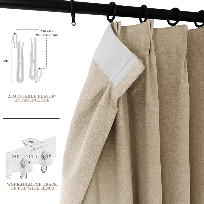 120" Wx96 L Linen Room Divider Drapes for Doorway/Glass Window/Sliding Door/Patio, Extra Wide Pinch Pleated Full Blackout Curtains for Girls Boys Teen Kids Room, 1 Panel, Sand Beige