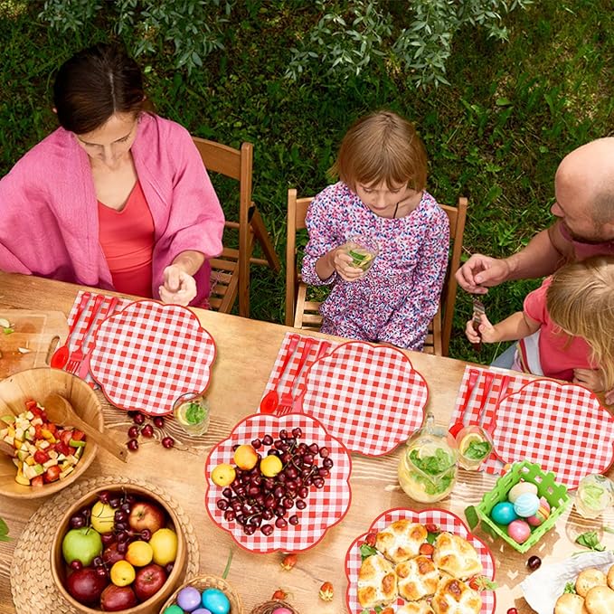 175 Pcs Red Gingham Plates and Napkins Party Supplies - Red and White Checkered Plates Sets Serve 25 Guests - Scalloped Gingham Paper Plate for Birthday Picnic BBQ Christmas Party Decorations
