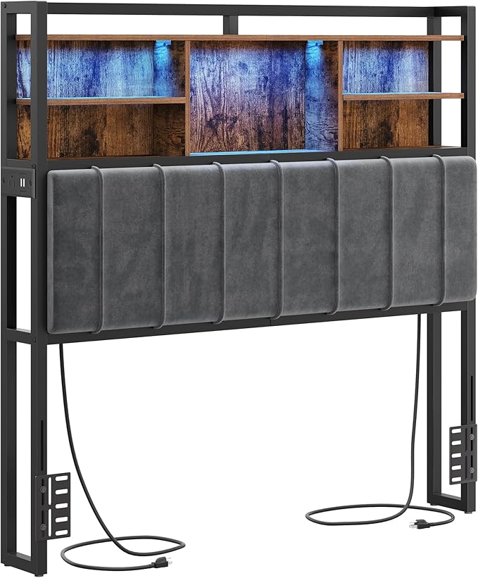 Headboard with 3-Tier Storage Shelves, Velvet Upholstered Head Board with 2 Outlets, USB Ports & LED Light, Soft Backrest for Full Size Bed, Rustic Brown and Black BH13801B