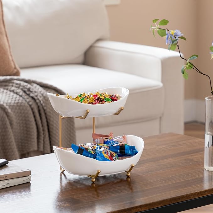 HBlife Fruit Bowl for Kitchen Counter - 2 Tier Fruit Basket with Metal Stand, Ceramic Fruit Holder for Fruit Vegetable Storage, Serving Platters Serving Trays for Party