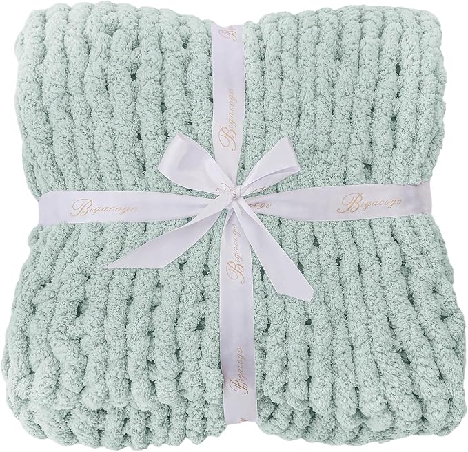 Bigacogo Chunky Knit Throw Blanket for Couch, 40x80 inches, 100% Hand Knitted with Thick Jumbo Chenille Yarn, Cozy Soft Large Rope Knot Cable Crochet Blankets for Sofa Bed Living Room, Mint