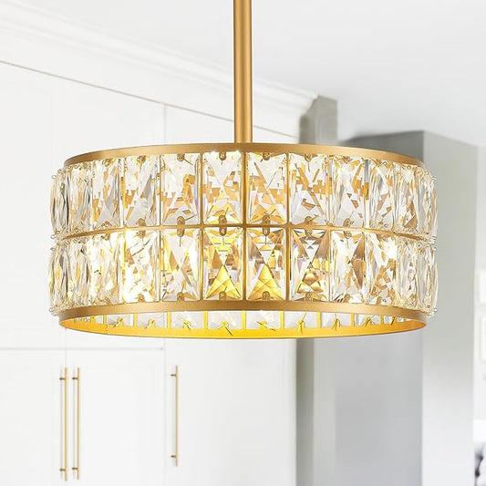 12” 3-Light Modern Crystal Chandeliers Gold Dinning Room Light Fixture, Round Pendant Light Kitchen Island Chandelier, Flush Mount Ceiling Light for Living Room Entryway Bedroom Foyer