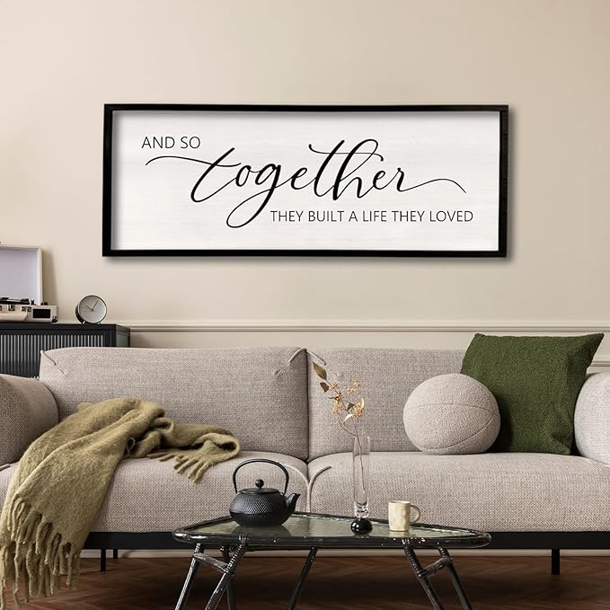 And So Together They Built A Life They Loved Framed Wood Farmhouse Sign - 32'X12' Master Bedroom Above Bed Wall Art for Love Sign Decor (Black)