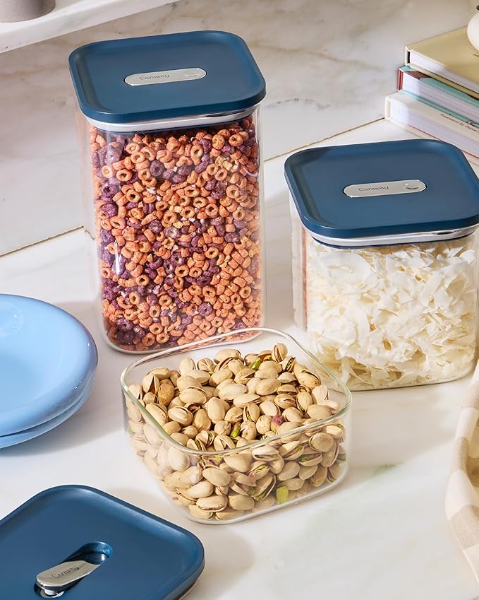 Caraway 14-Piece Glass Airtight Food Storage Containers with Lids – Non-Toxic, BPA-Free Kitchen Storage Containers – Stackable, Space-Saving Airtight Containers for Dry Goods and More - Cream