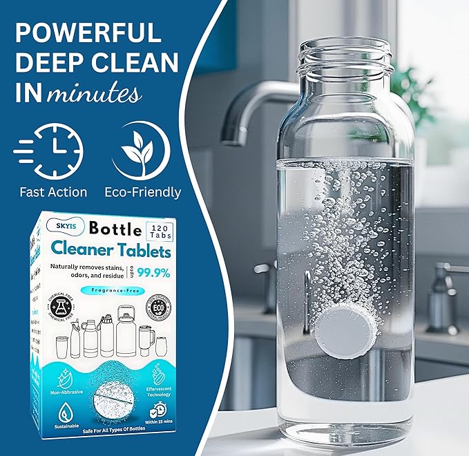 120-pcs Water Bottle Cleaner Tablets, Chlorine-free, Water Bottle cleaner, Tumbler washer and Glass bottle cleaner Removes stubborn stains and Freshens glass bottles and utensils