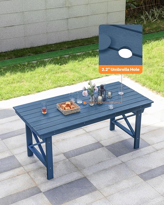 HDPE Outdoor Dining Table, 66.9” Rectangle Patio Dining Table for 6, All-Weather HDPE Outdoor Table with 2.2” Umbrella Hole, HDPE Patio Furniture for Deck, Backyard, Garden, Pool, Navy