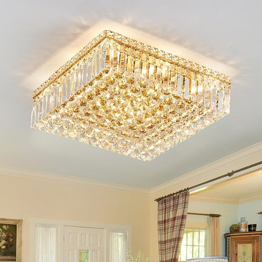 12-Lights Gold Crystal Flush Mount Ceiling Light Fixtures,Elegant Crystal Chandelier Pendant Ceiling Lamp for Bedroom,Living Room,Dining Room,Hallway H5.9 x W20 x L20 (Bulb Not Included) Square
