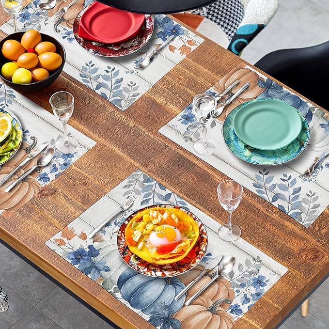 Autumn Placemats Blue Pumpkin Fall Place Mat Eucalyptus Leaves Floral Wood Grain Table Mats Thanksgiving Harvest Linen Placemat Party Kitchen Dining Decoration 12x18 Inch Set of 4