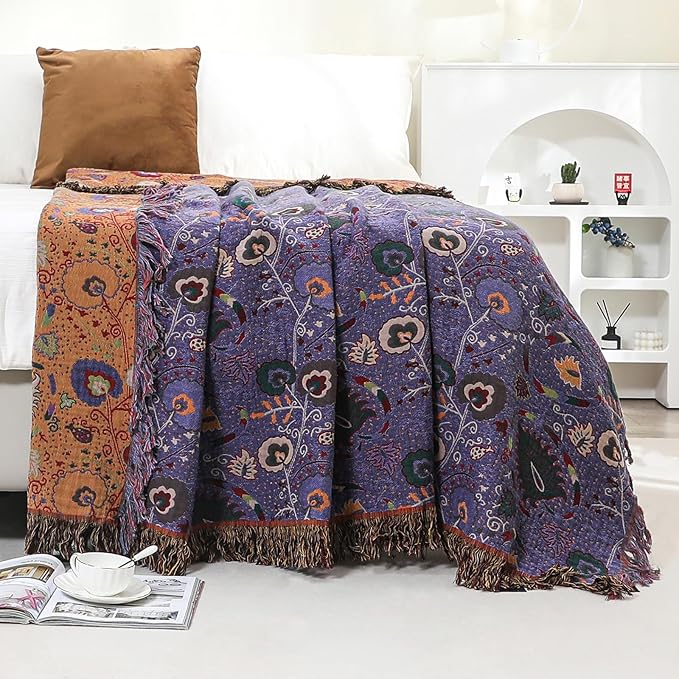 Boho Fall Throw Blanket for Bed Purple Flowers,100% Ultra Cotton Soft Breathable Bed Throw Floral Printed Farmhouse Decor Rustic Bed Throws for Couch Sofa Quilt 90" x 98"