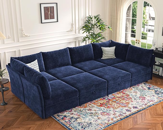 135.5" Oversized Modular Sectional Sofa, L Shaped Convertible Couch with Movable Ottoman, 5 Seat Corner Couches for Living Room Deep Seat Blue Chenille