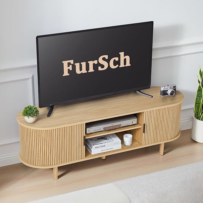54" Tambour Door TV Stand,Wood Mid Century Modern TV Cabinet for Up to 65“ TV,Curved Edge Long TV Stand with Storage for Bedroom Living Room(Natural, 54inch)