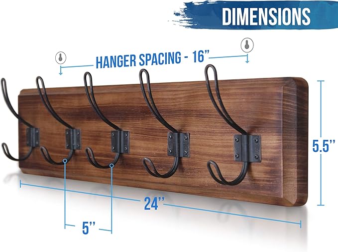 HBCY Creations Dark Wash Brown Rustic Coat Rack Wall Mount with 5 Hooks, Solid Pine Wood 24 inch Wall Hooks for Entryway, Mudroom, Hallway, Bathroom - Vintage Farmhouse Style Wall Mounted Towel Rack