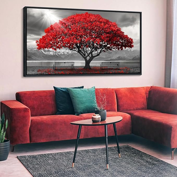 AJAZIKO Red Wall Art - Modern Framed Wall Art for Living Room - Red Tree Black and White Landscape Canvas Prints Posters & Prints for Home Office Bedroom Decorations - Large Wall Pictures 24×48IN