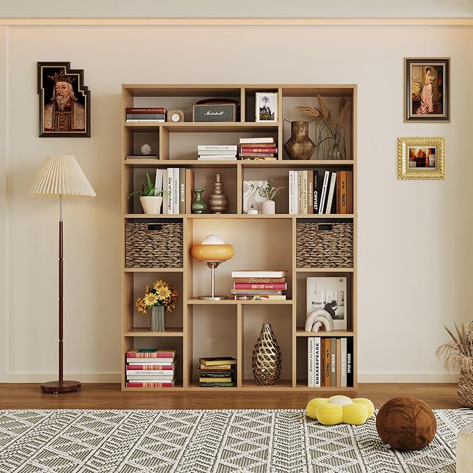 71" Tall 6-Tier Heavy Duty Bookcase with 2 Foldable Storage Baskets, 55" Wide Open Bookshelf with 16 Irregular Cubes for Living Room, Office (Yellow)