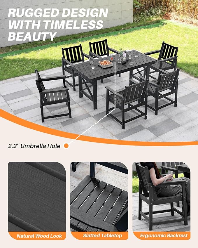 HDPE Patio Dining Set, 5-Piece Outdoor Table and Chairs with Umbrella Hole, Modern Outdoor Dining Set for 4, HDPE Outdoor Patio Furniture Dining Sets for Deck, Poolside, Porch, Obsidian