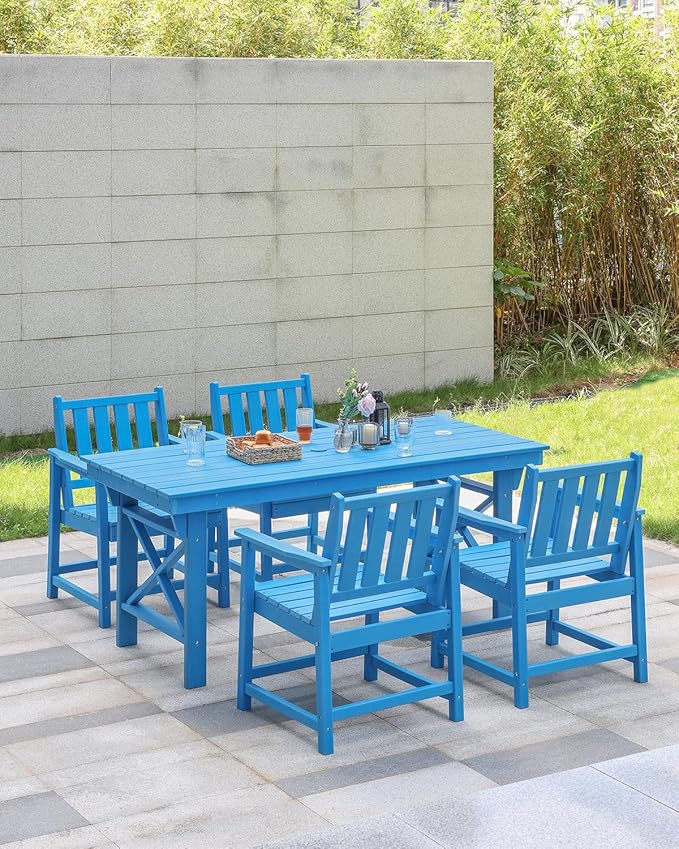 HDPE Patio Dining Set, 5-Piece Outdoor Table and Chairs with Umbrella Hole, Modern Outdoor Dining Set for 4, HDPE Outdoor Patio Furniture Dining Sets for Deck, Poolside, Porch, Sky Blue
