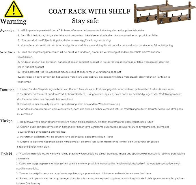 2 Pack Coat Rack Wall Mount, Bamboo Coat Hook with Storage Shelf, Coat Hanger with 8 Dual Hooks, Wall Floating Shelf for Entryway Hallway Kitchen, Bathroom, Bedroom (White+Slive)