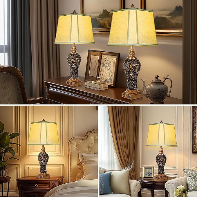32'' Tall Rustic Vintage Table Lamps Set of 2 with Night Lights - Bedside Lamp with Faux Silk Shades for Bedroom and Living Room with 2 USB Charging Ports,Rustic Lamps for Living Room(Bulb Included)