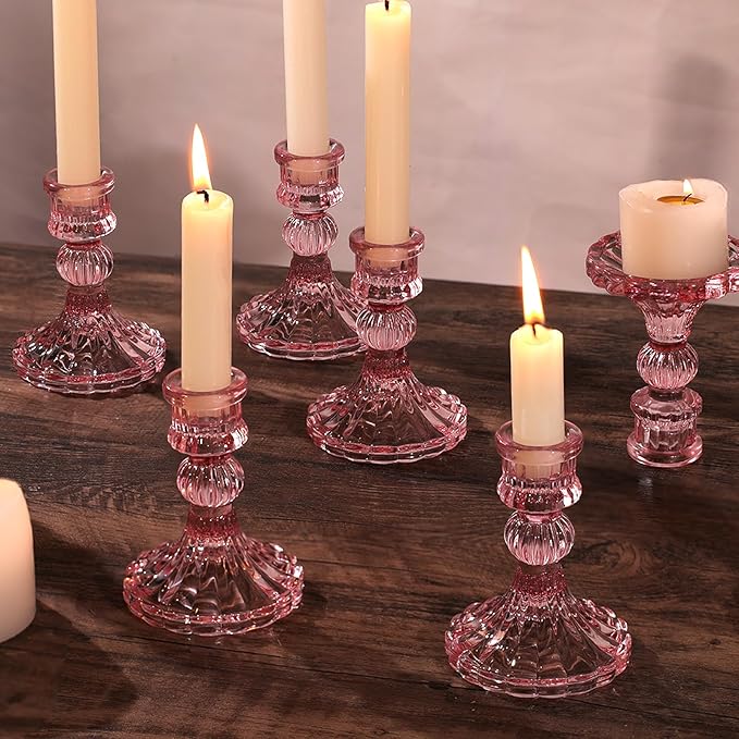 12PCS Pink Candlestick Holders Set- 4" H Taper Candle Holders, Glass Candle Holders Bulk for Wedding, Party, Home Table Centerpieces, Festival Gifts & Windowsill Decor