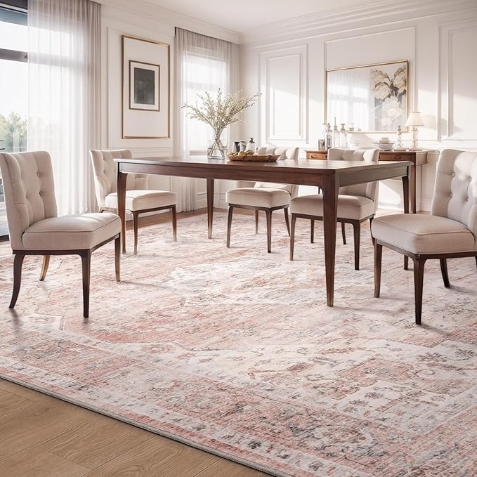 AMOAMI-Area Rug 5X7 Rugs for Living Room-Vintage Soft Pink Rugs for Bedroom-Non Slip Carpet-Machine Washable Rug for Dining Room Living Room Bedroom Office Under Table