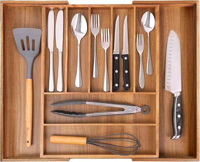 Bellsal Large Premium Acacia Wood Silverware Organizer - Expandable Utensil Drawer Organizer - 17"x19.6" Utensil Holder and Cutlery Tray with Grooved for Kitchen Flatware Utensils(7-9 Slot, Acacia)