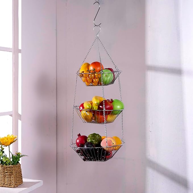 3-Tier Wire Fruit Hanging Basket 2 Packs, non-Punching Wall Hanging Storage, Kitchen Bathroom Organization Basket, Suitable for Bathroom, Kitchen, Closet, Garden, Chrome