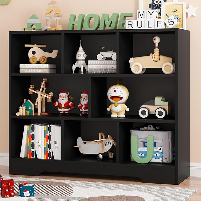 Book Shelf Set of 2, 8 Cubes Storage Organizer, 3-Tier Open Shelf Wooden Bookcase, Freestanding Balck Bookshelf Cube Shelf for Bedroom, Living Room, Home Office