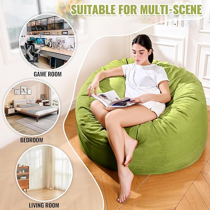 4FT Bean Bag Chair: Bean Bag with Velvet Cover, Fluffy and Comfy Bean Bag Chairs for Adults and Kids, Bean Bag Sofa Filled with High-Density Sponge for Gaming (Mint Green)